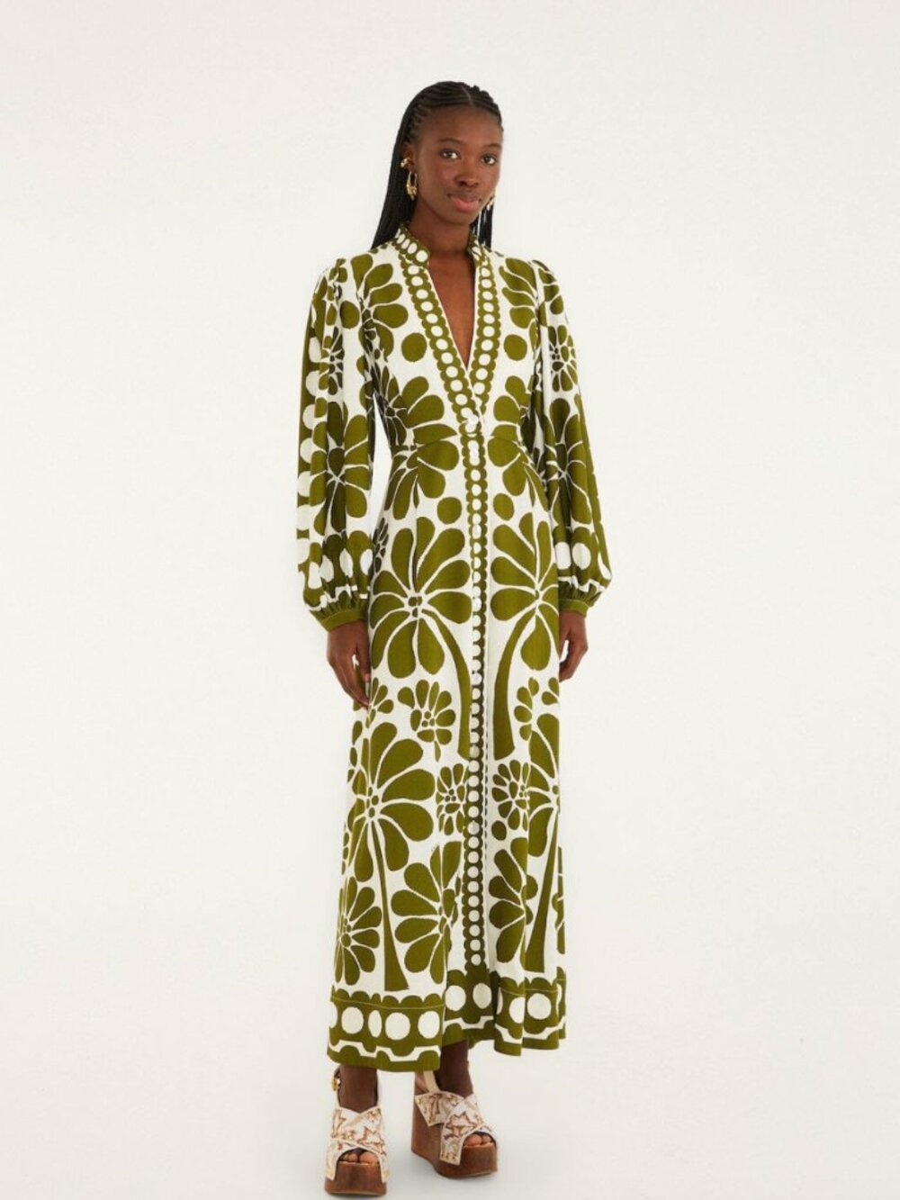 farm rio green palermo buttoned puff sleeve maxi dress